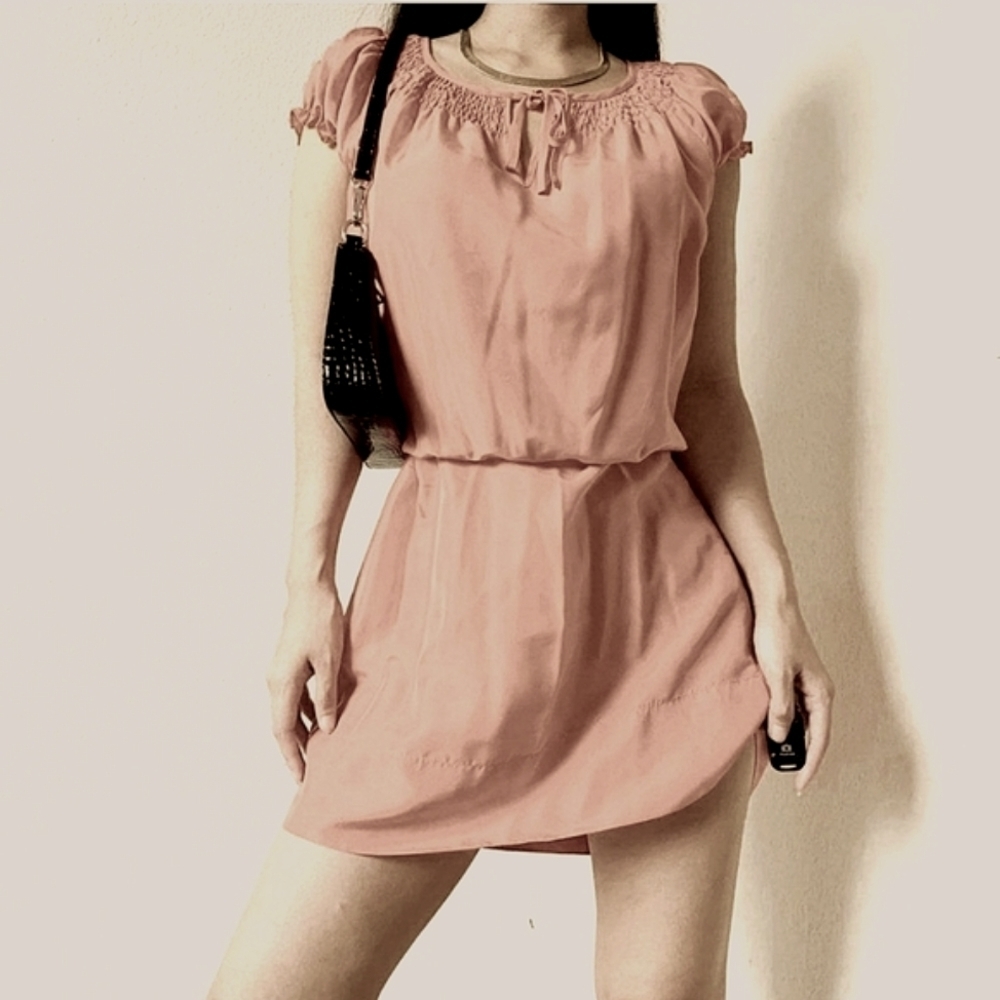TALBOTS TAUPE SILK SHORT SLEEVE SMOCK BLOUSON DRESS